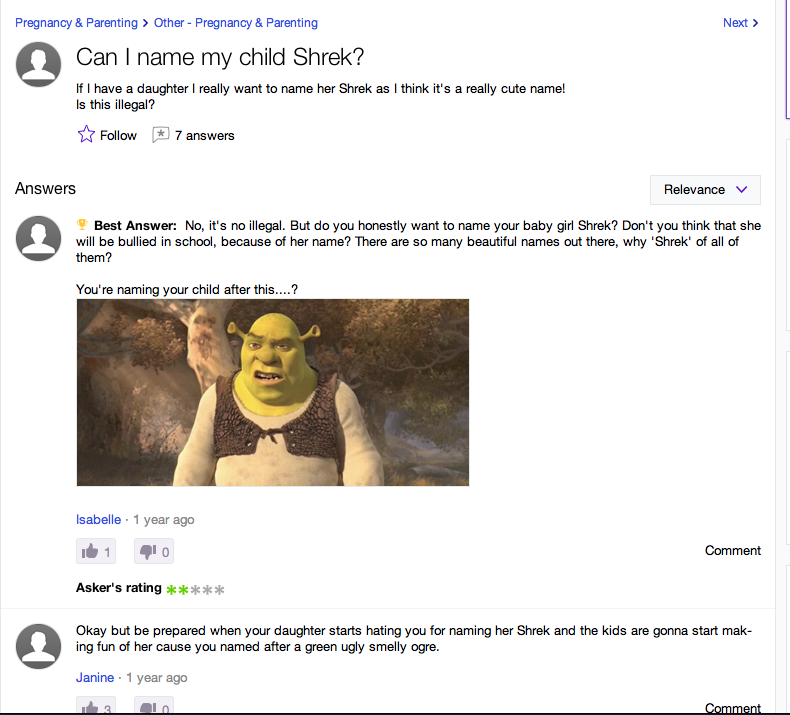 Should i name my child Shrek? Yahoo! Answers Know Your Meme
