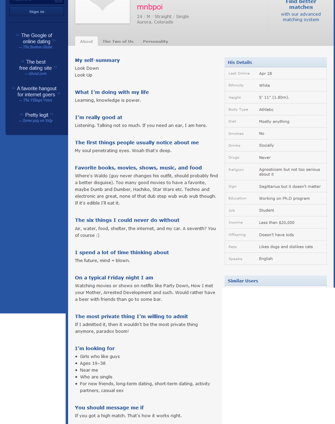 James Holmes' OKCupid Profile