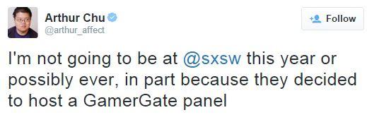 Arthur @arthur affect Follow affect I'm not going to be at @sxsw this year or possibly ever, in part because they decided to host a GamerGate panel