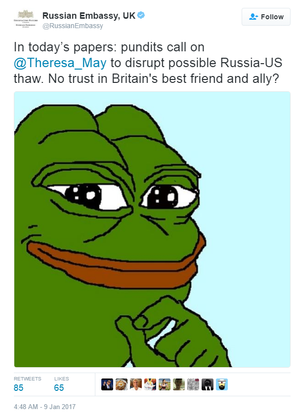 Russian Embassy, UK -Follow 3 @RussianEmbassy In today's papers: pundits call on @Theresa_May to disrupt possible Russia-US call O Russia-Us thaw. No trust in Britain's best friend and ally? 85 65 :48 AM-9 Jan 2017