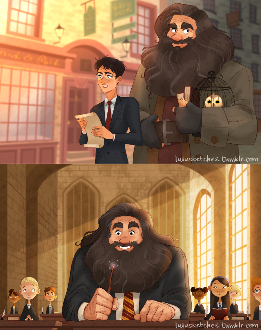 Hagrid going back to Hogwarts after the war, and Harry taking him to Diagon Alley to return the
